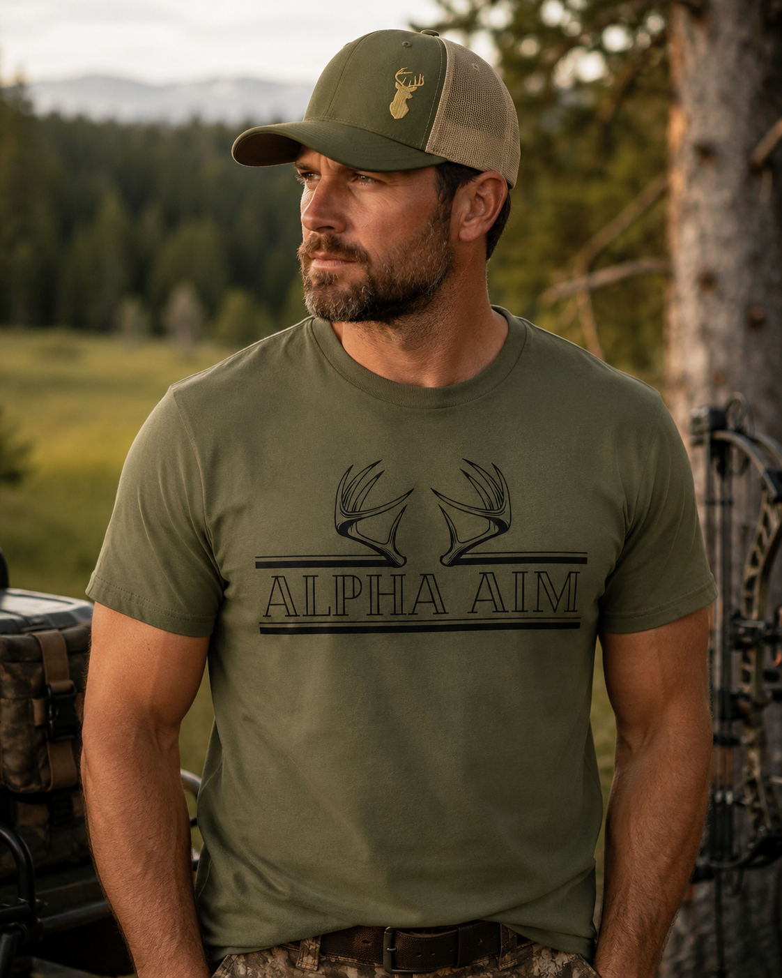 Jäger in Oliv Grünen Shirt mit ALPHA AIM Cap